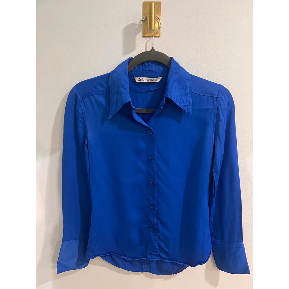Zara Royal Blue Button Down Long Sleeve Blouse Academia Office Size XS